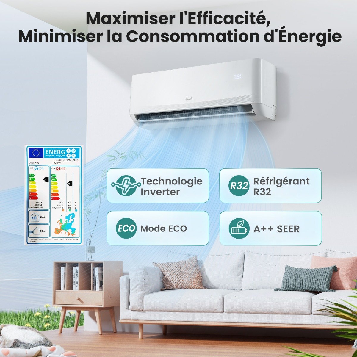 Climatiseur Mini Split 12000 BTU (3,4 kW) Unité AC Énergétiquement Efficace A++ avec Système de Pompe à Chaleur pour jusqu’à 70㎡ Blanc – Image 6