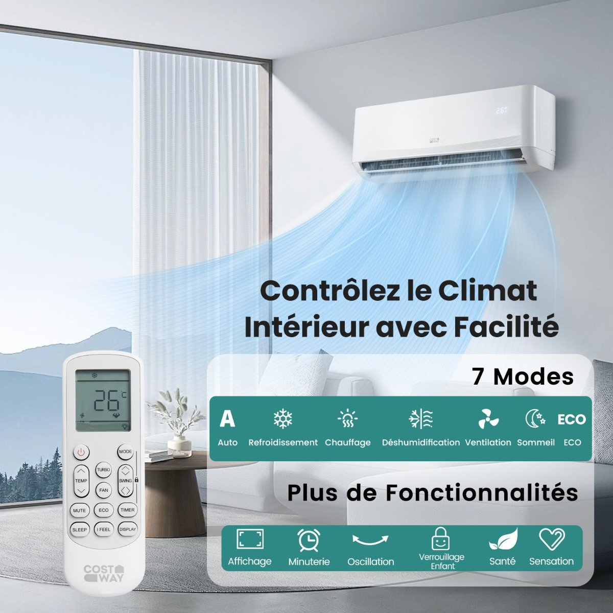 Climatiseur Mini Split 12000 BTU (3,4 kW) Unité AC Énergétiquement Efficace A++ avec Système de Pompe à Chaleur pour jusqu’à 70㎡ Blanc – Image 5