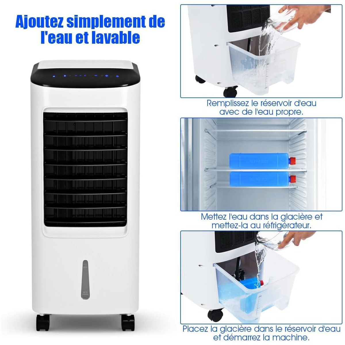 Rafraîchisseur d’Air Mobile 4 en 1 Fonction de Réfrigération Humidification Purification Ventilation Réservoir 7L 65W 3 Vitesses Minuterie – Image 6