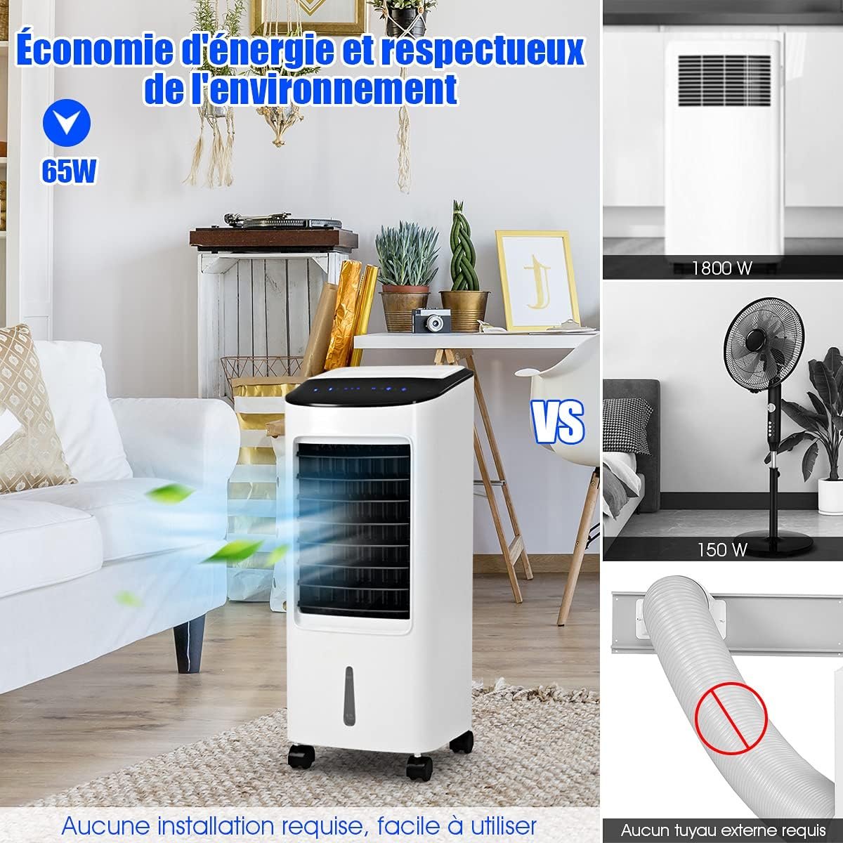 Rafraîchisseur d’Air Mobile 4 en 1 Fonction de Réfrigération Humidification Purification Ventilation Réservoir 7L 65W 3 Vitesses Minuterie – Image 8