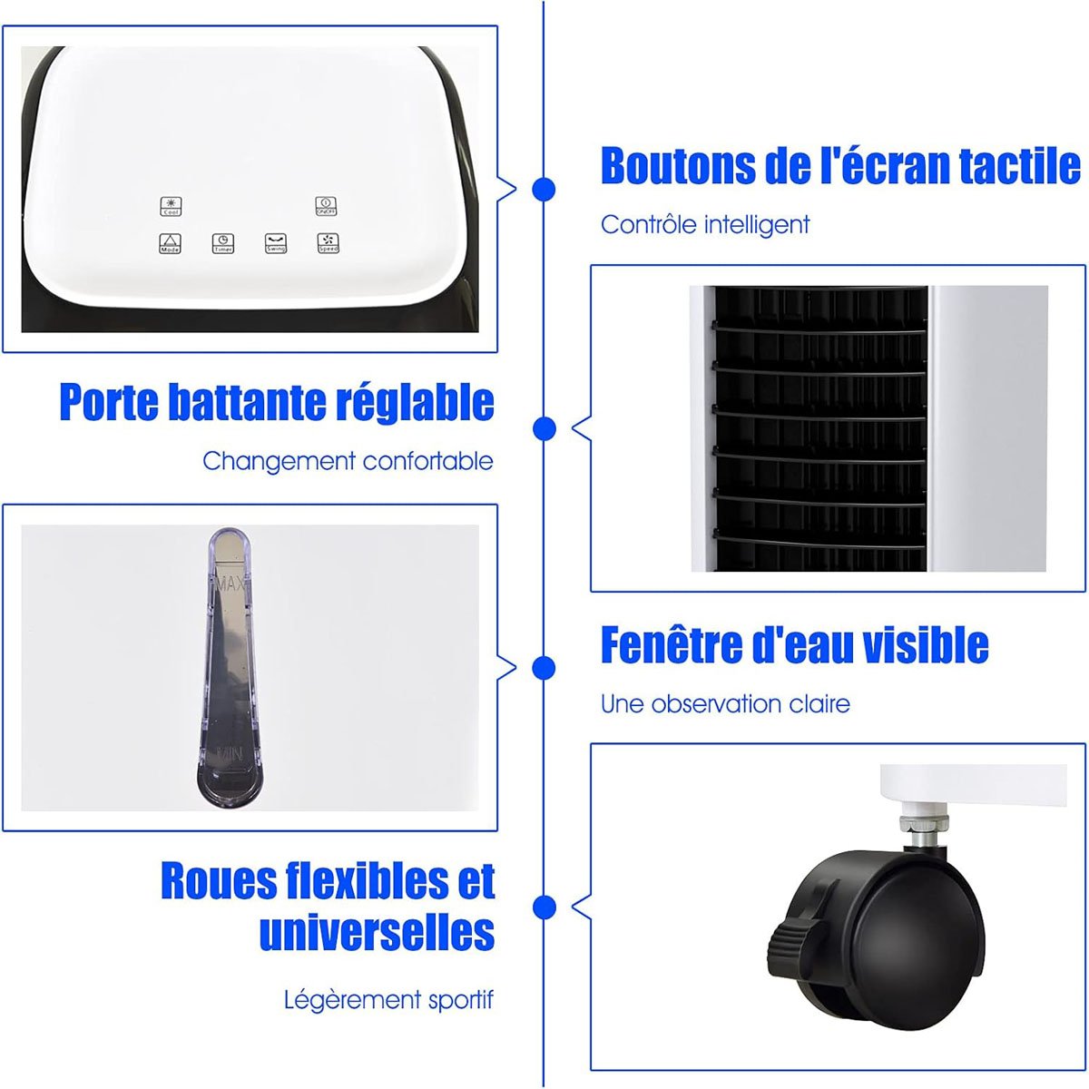 Rafraîchisseur d’Air Mobile 4 en 1 Fonction de Réfrigération Humidification Purification Ventilation Réservoir 7L 65W 3 Vitesses Minuterie – Image 5