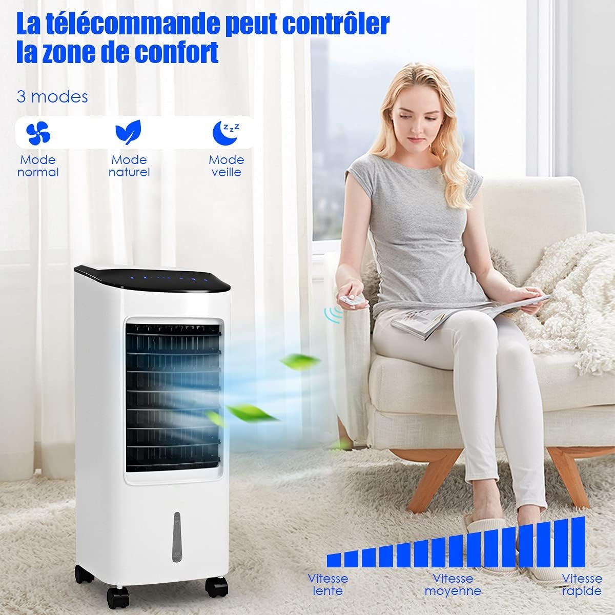 Rafraîchisseur d’Air Mobile 4 en 1 Fonction de Réfrigération Humidification Purification Ventilation Réservoir 7L 65W 3 Vitesses Minuterie – Image 7
