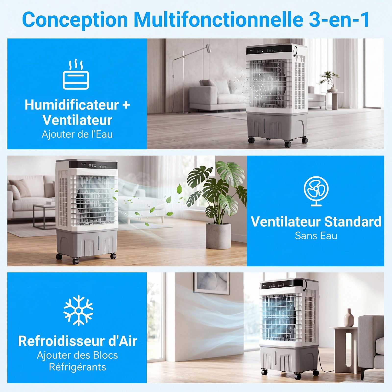 Climatiseur Portable 3 en 1 Ventilateur Rafraîchisseur d’Air avec Télécommande Large Réservoir d’Eau Minuterie 12H 2 Modes & 3 Vitesses Gris – Image 2