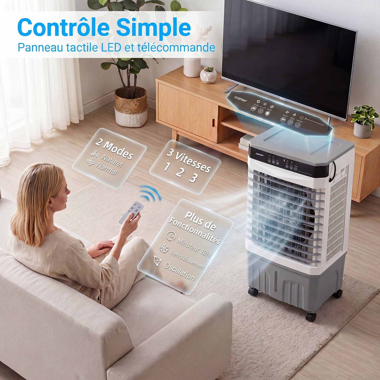 Climatiseur Portable 3 en 1 Ventilateur Rafraîchisseur d’Air avec Télécommande Large Réservoir d’Eau Minuterie 12H 2 Modes & 3 Vitesses Gris – Image 5