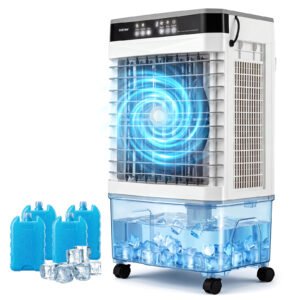 Climatiseur Portable 3 en 1 Ventilateur Rafraîchisseur d’Air avec Télécommande Large Réservoir d’Eau Minuterie 12H 2 Modes & 3 Vitesses Blanc
