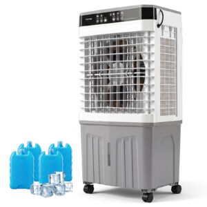 Climatiseur Portable 3 en 1 Ventilateur Rafraîchisseur d’Air avec Télécommande Large Réservoir d’Eau Minuterie 12H 2 Modes & 3 Vitesses Gris