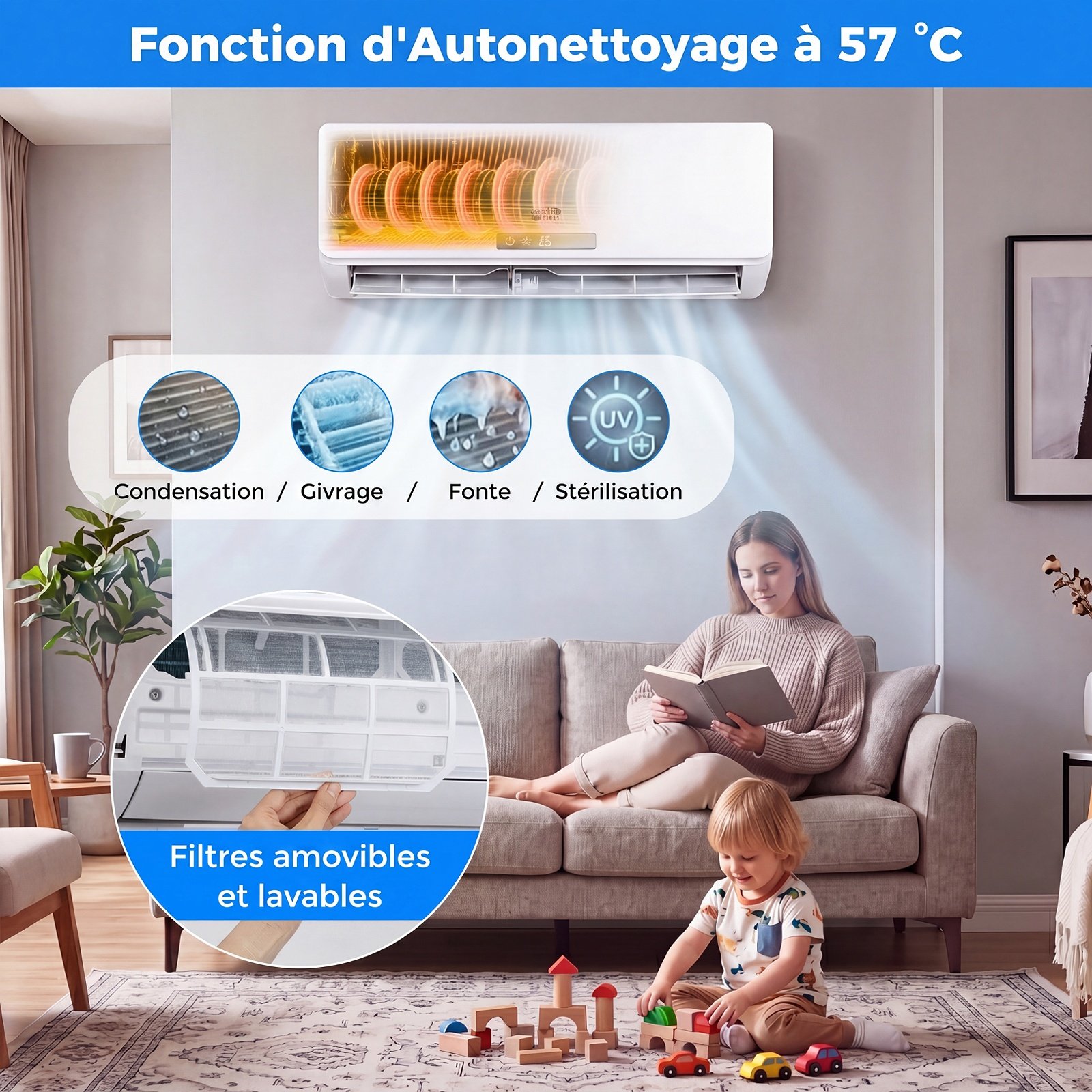 Climatiseur Reversible 12000 BTU 3,4 KW Climatiseur Split R32 avec Chauffage Refroidissement Silencieux 19 dB Classe A++ Blanc – Image 4