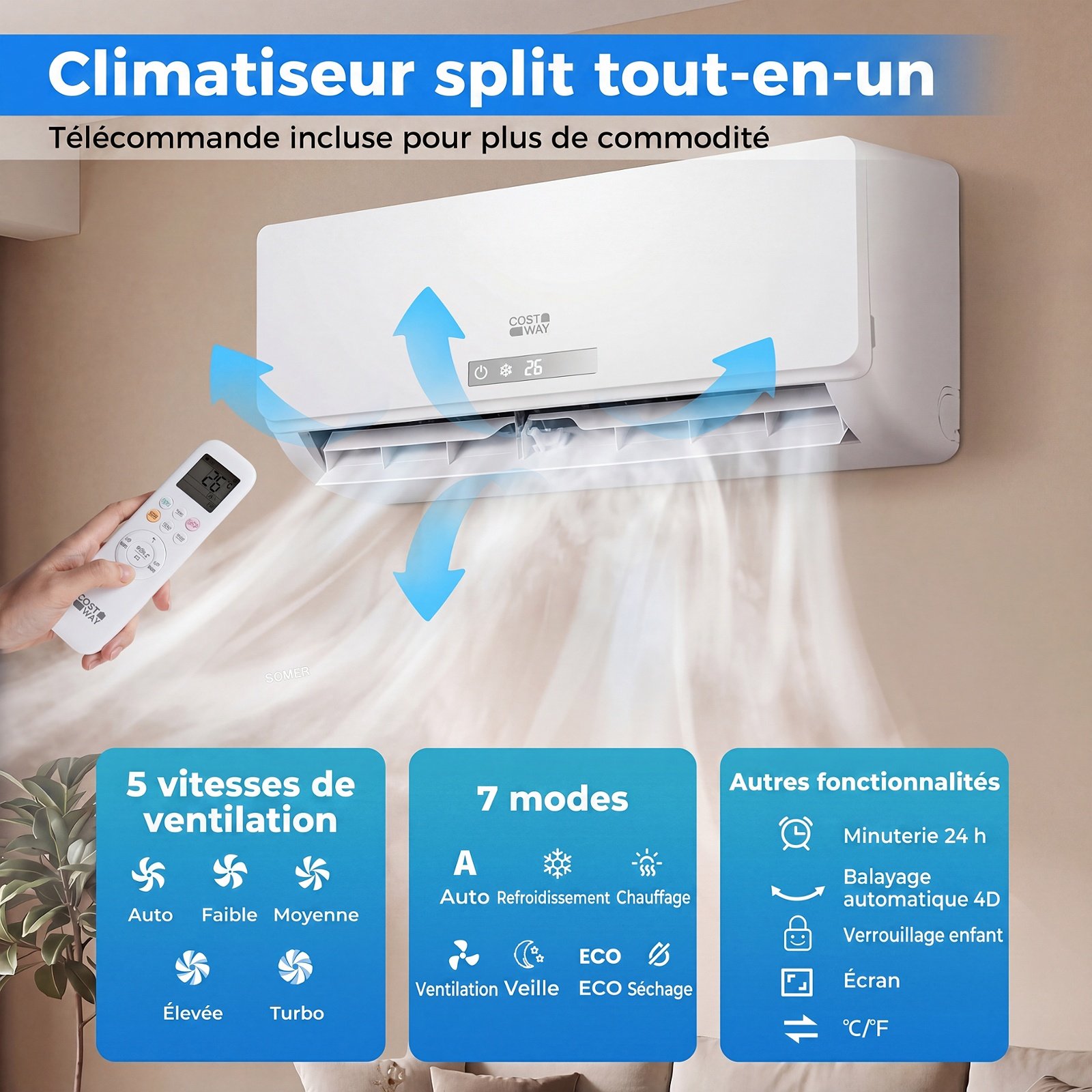 Climatiseur Reversible 12000 BTU 3,4 KW Climatiseur Split R32 avec Chauffage Refroidissement Silencieux 19 dB Classe A++ Blanc – Image 5