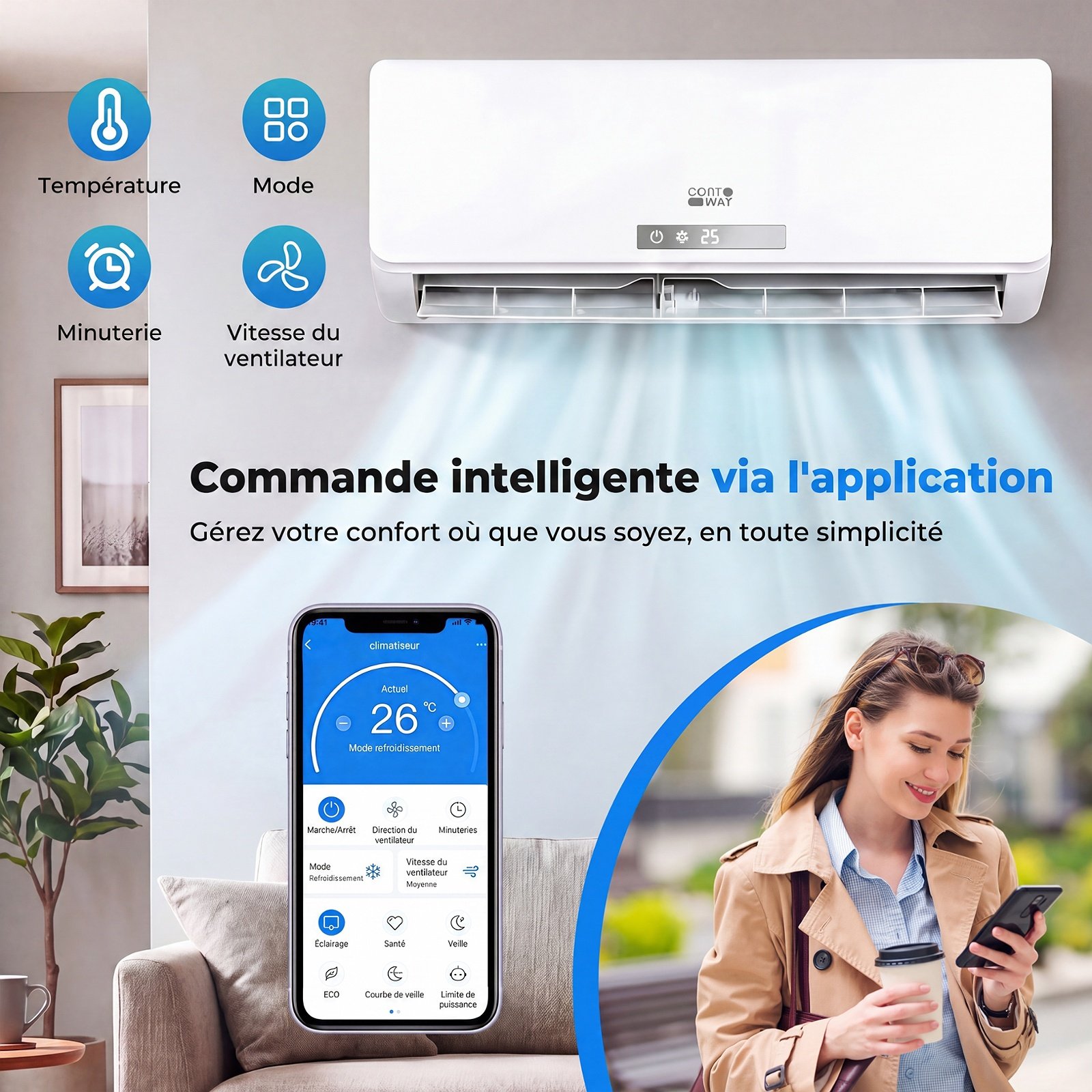 Climatiseur Reversible 12000 BTU 3,4 KW Climatiseur Split R32 avec Chauffage Refroidissement Silencieux 19 dB Classe A++ Blanc – Image 6