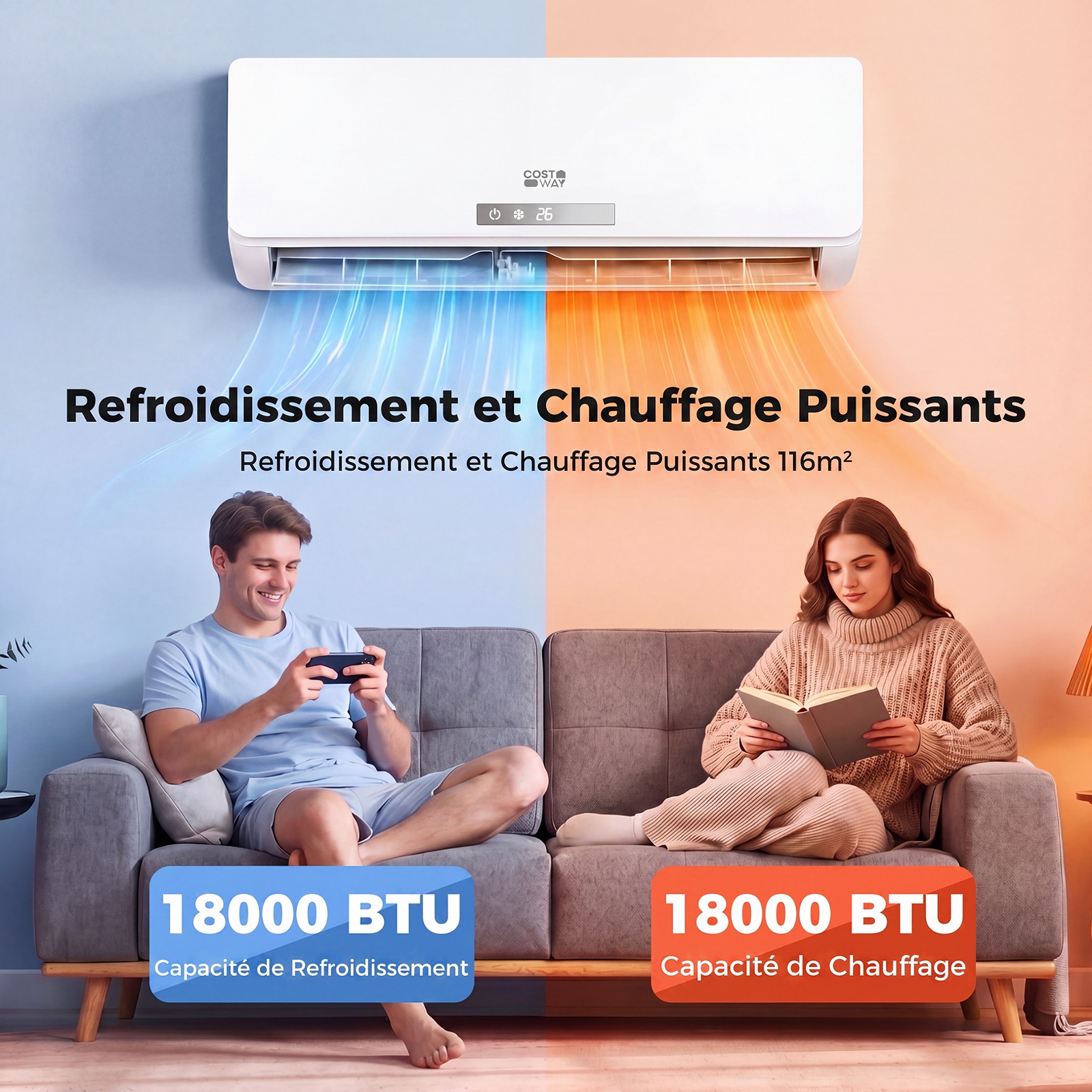 Climatiseur Reversible 18000 BTU 5,1 KW Climatiseur Split R32 Chauffage Refroidissement 19 dB Auto-Nettoyage 18000 BTU|5,1 kW Blanc – Image 2