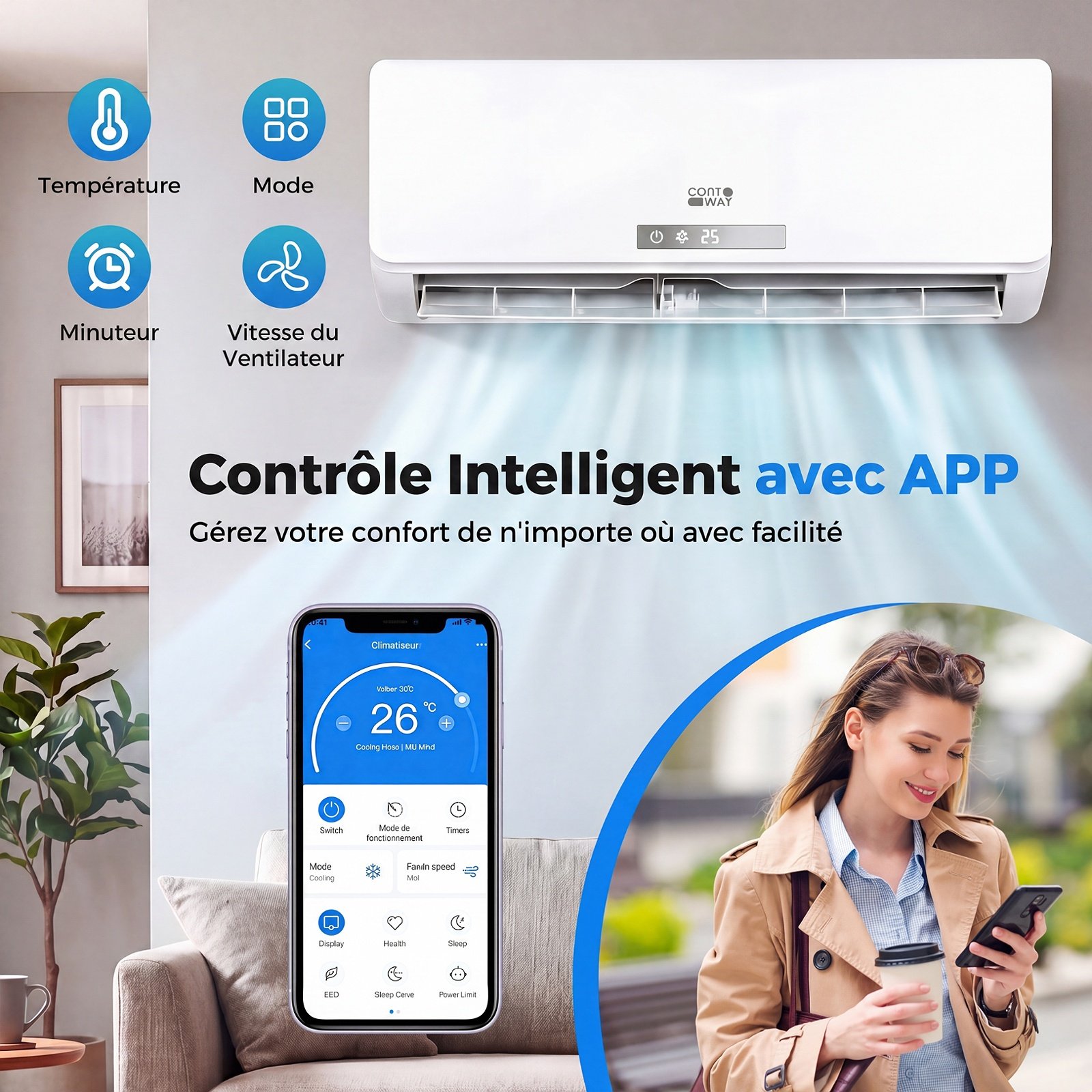 Climatiseur Reversible 18000 BTU 5,1 KW Climatiseur Split R32 Chauffage Refroidissement 19 dB Auto-Nettoyage 18000 BTU|5,1 kW Blanc – Image 7
