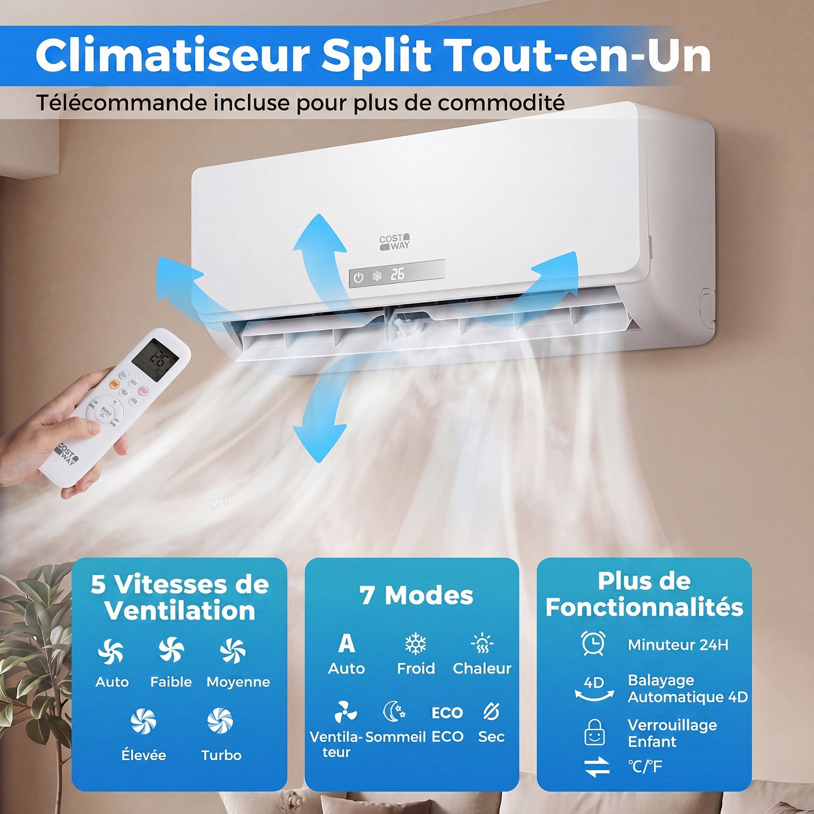 Climatiseur Reversible 18000 BTU 5,1 KW Climatiseur Split R32 Chauffage Refroidissement 19 dB Auto-Nettoyage 18000 BTU|5,1 kW Blanc – Image 4