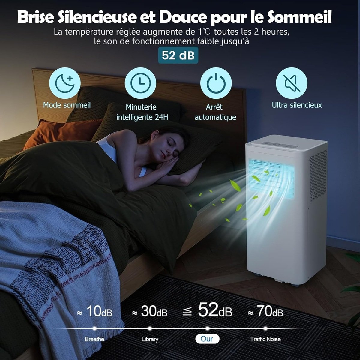 Climatiseur Silencieux Portable 9000btu 4 en 1 Refroidissement Ventilateur Déshumidificateur Télécommande Minuterie 24H Blanc – Image 5