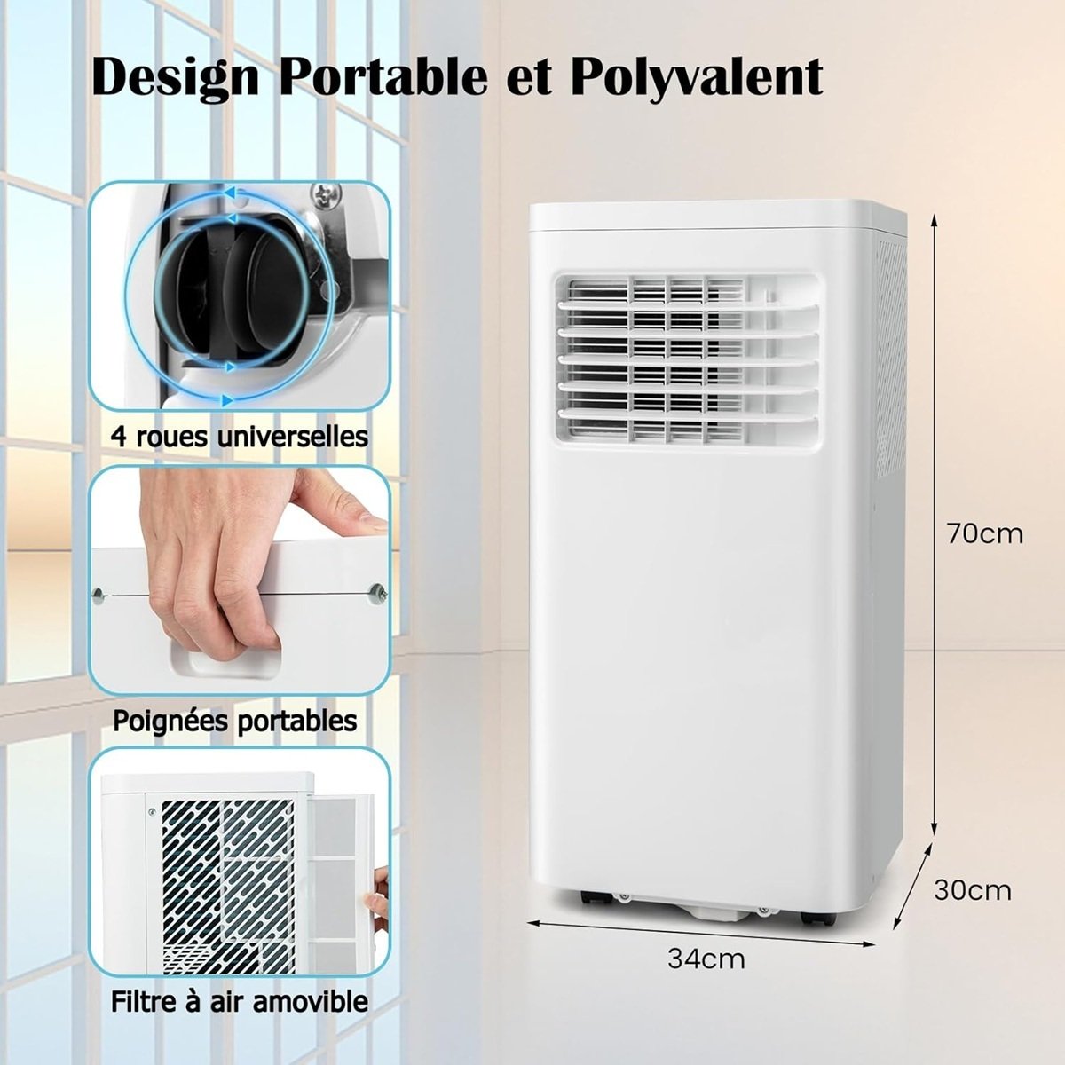 Climatiseur Silencieux Portable 9000btu 4 en 1 Refroidissement Ventilateur Déshumidificateur Télécommande Minuterie 24H Blanc – Image 8