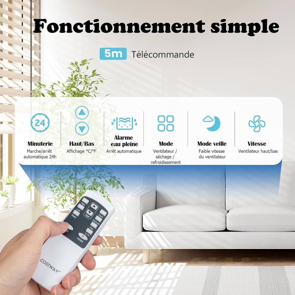 Climatiseur Silencieux Portable 9000btu 4 en 1 Refroidissement Ventilateur Déshumidificateur Télécommande Minuterie 24H Blanc – Image 6