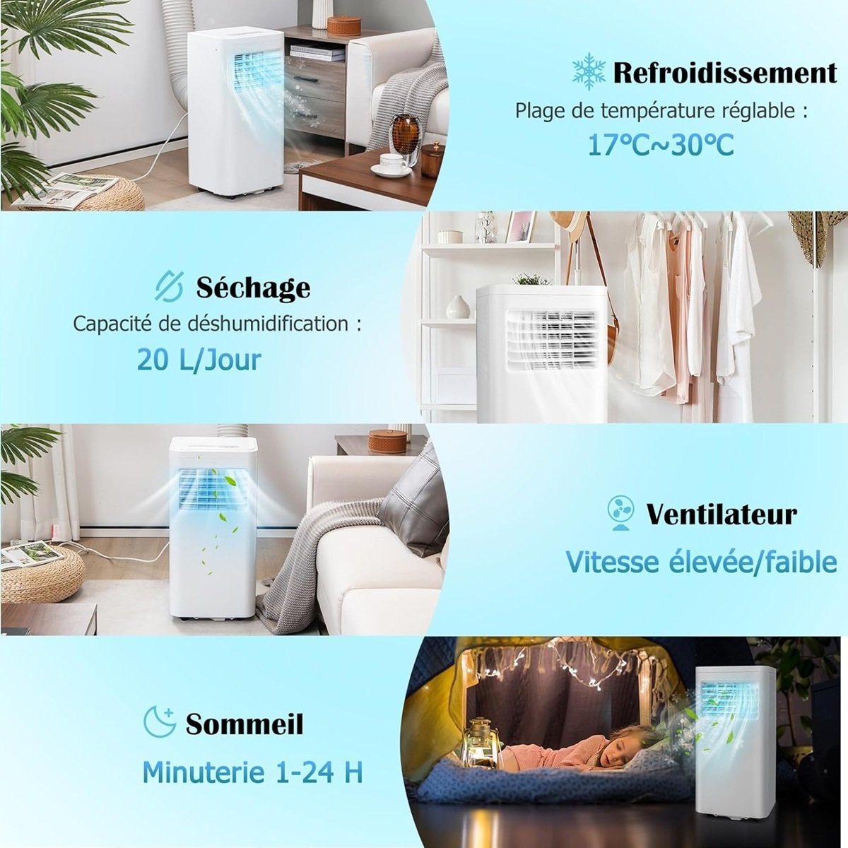 Climatiseur Silencieux Portable 9000btu 4 en 1 Refroidissement Ventilateur Déshumidificateur Télécommande Minuterie 24H Blanc – Image 4