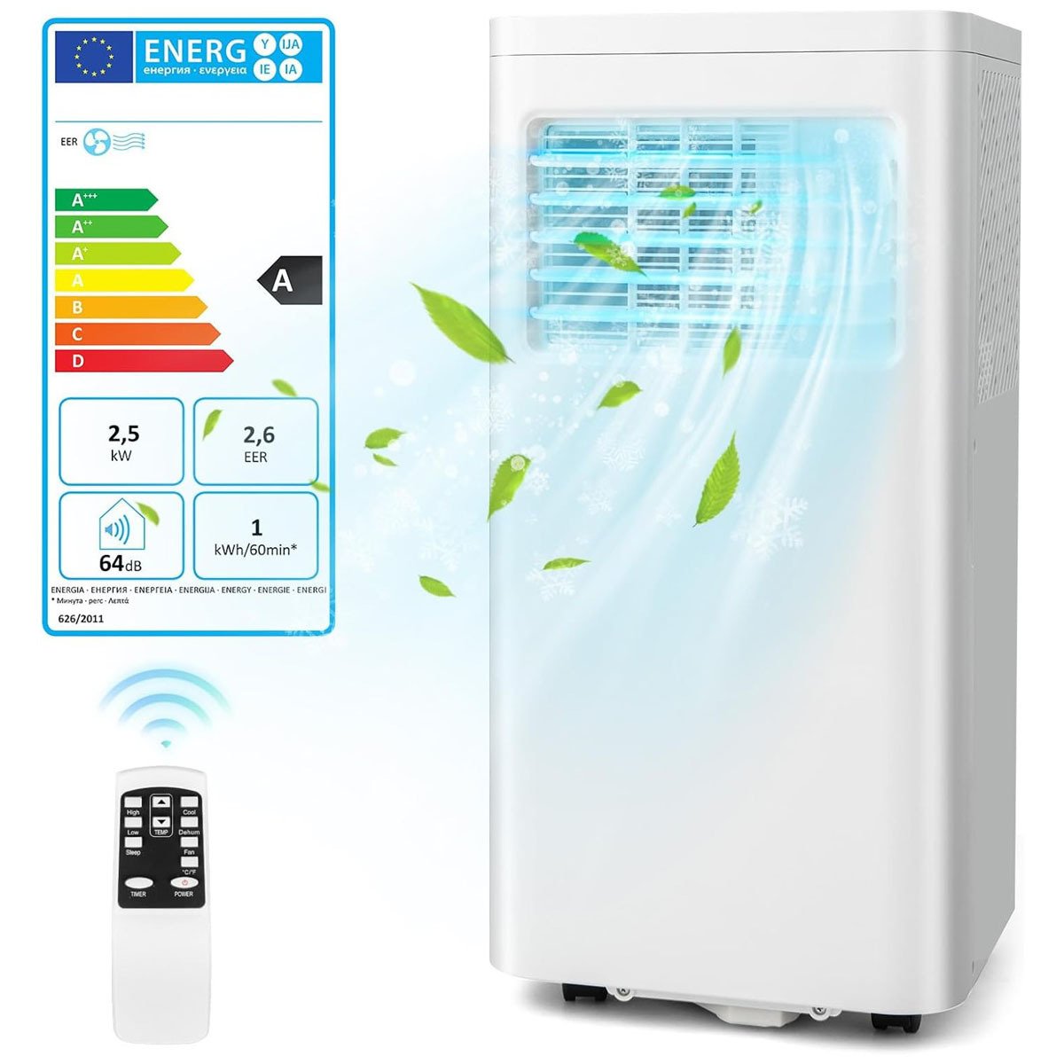 Climatiseur Silencieux Portable 9000btu 4 en 1 Refroidissement Ventilateur Déshumidificateur Télécommande Minuterie 24H Blanc
