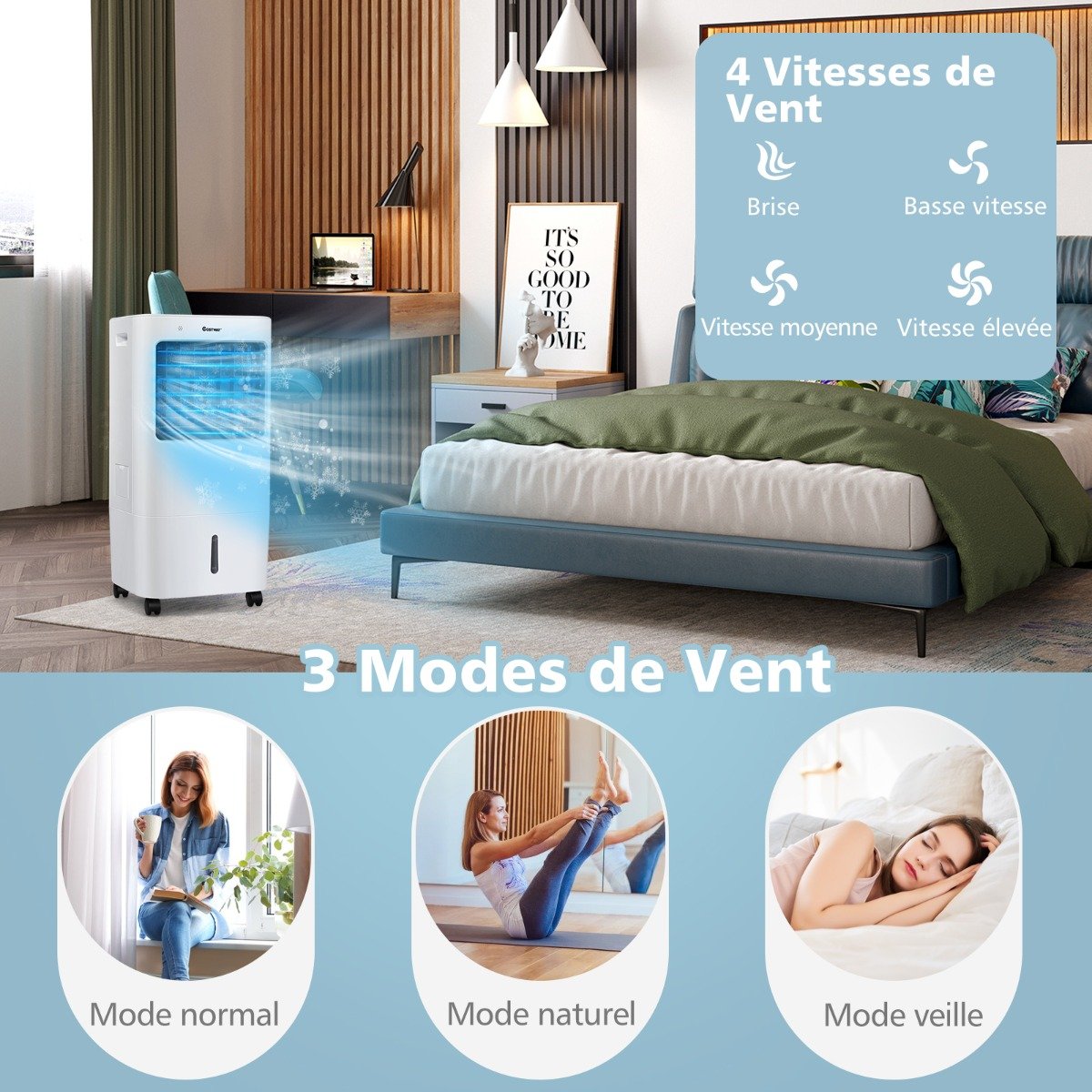 Climatiseur d'Air Mobile 4 en 1 Réservoir 20L Ventilateur Humidificateur Oscillation 40° 3 Modes 4 Vitesses Minuterie 7,5H – Image 9