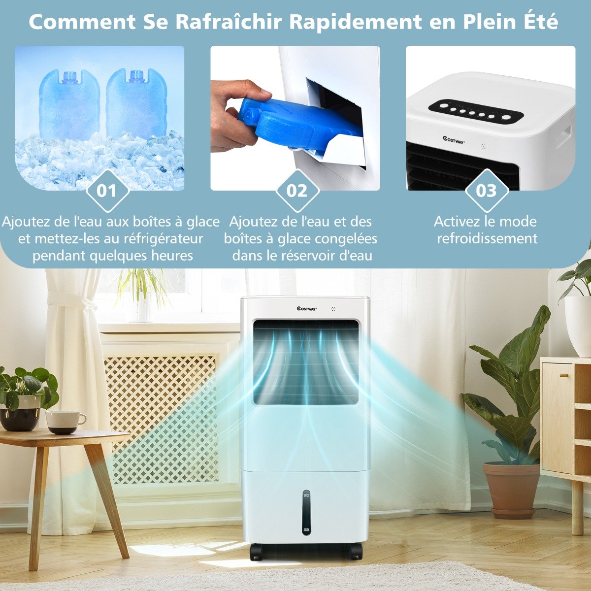 Climatiseur d'Air Mobile 4 en 1 Réservoir 20L Ventilateur Humidificateur Oscillation 40° 3 Modes 4 Vitesses Minuterie 7,5H – Image 5