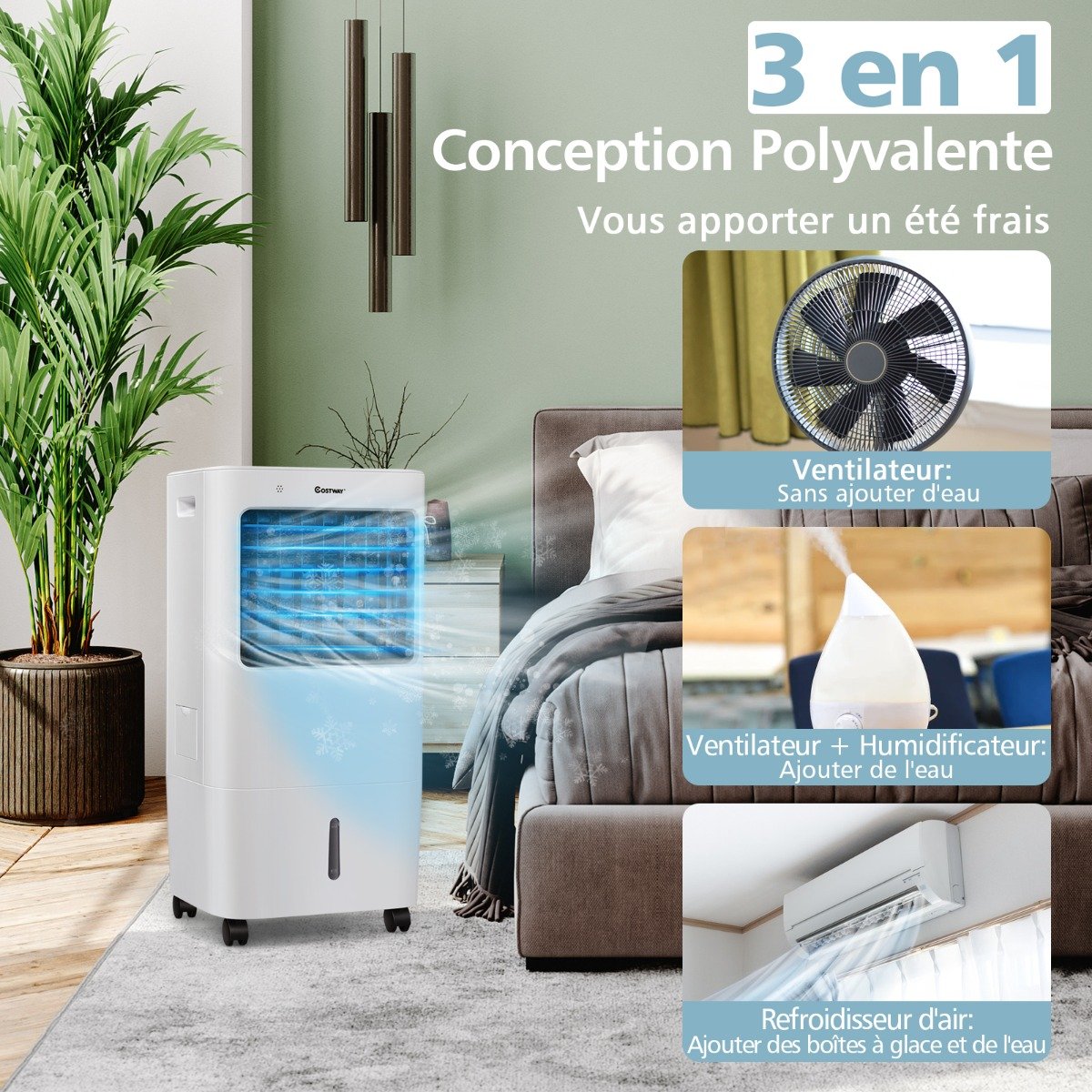 Climatiseur d'Air Mobile 4 en 1 Réservoir 20L Ventilateur Humidificateur Oscillation 40° 3 Modes 4 Vitesses Minuterie 7,5H – Image 7