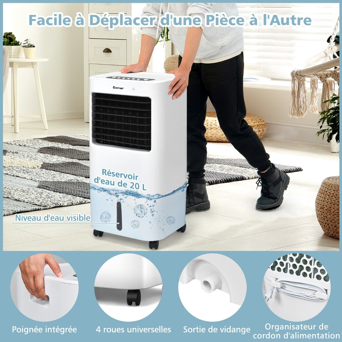Climatiseur d'Air Mobile 4 en 1 Réservoir 20L Ventilateur Humidificateur Oscillation 40° 3 Modes 4 Vitesses Minuterie 7,5H – Image 8
