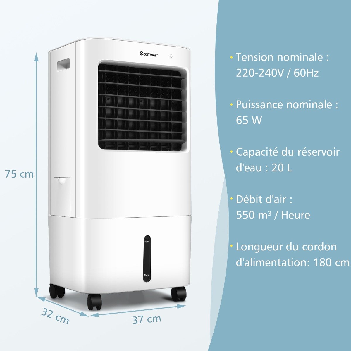 Climatiseur d'Air Mobile 4 en 1 Réservoir 20L Ventilateur Humidificateur Oscillation 40° 3 Modes 4 Vitesses Minuterie 7,5H – Image 10