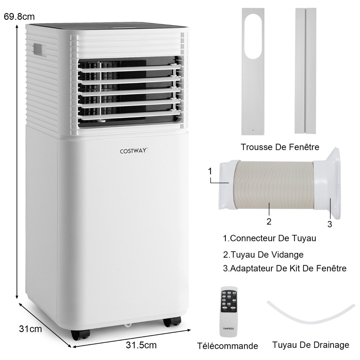 Climatiseur Mobile 4 en 1 Refroidissement Déshumidification Ventilateur 9000BTU 2 Vitesses Mode Veille Minuterie 24 h Blanc – Image 11