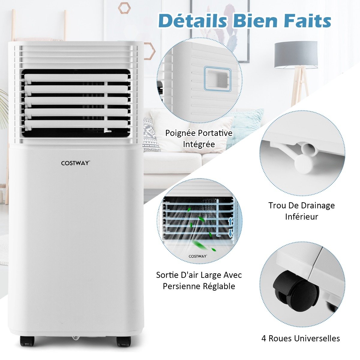 Climatiseur Mobile 4 en 1 Refroidissement Déshumidification Ventilateur 9000BTU 2 Vitesses Mode Veille Minuterie 24 h Blanc – Image 3