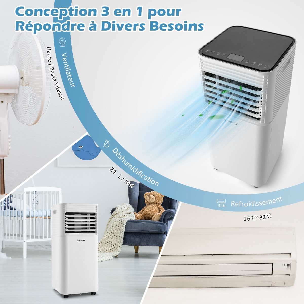 Climatiseur Mobile 4 en 1 Refroidissement Déshumidification Ventilateur 9000BTU 2 Vitesses Mode Veille Minuterie 24 h Blanc – Image 8