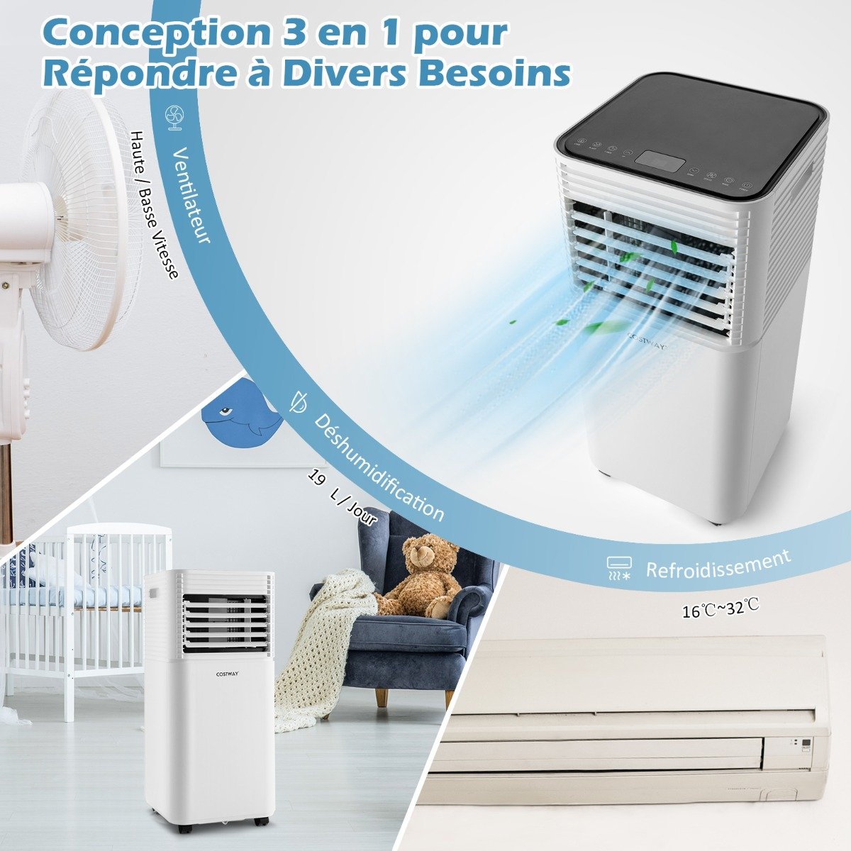 Climatiseur Mobile 4 en 1 Refroidissement Déshumidification Ventilateur 9000BTU 2 Vitesses Mode Veille Minuterie 24 h Blanc – Image 9
