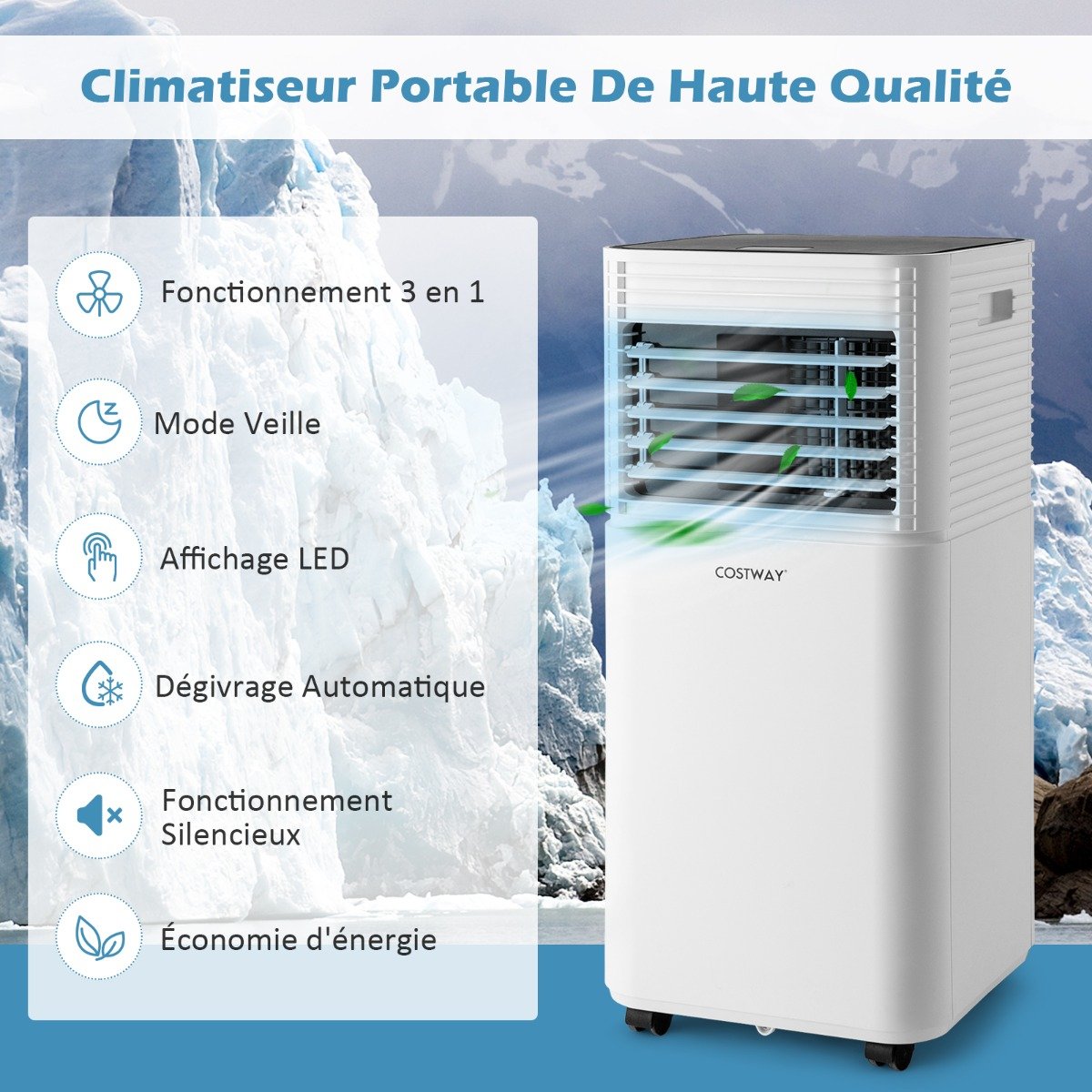 Climatiseur Mobile 4 en 1 Refroidissement Déshumidification Ventilateur 9000BTU 2 Vitesses Mode Veille Minuterie 24 h Blanc – Image 10
