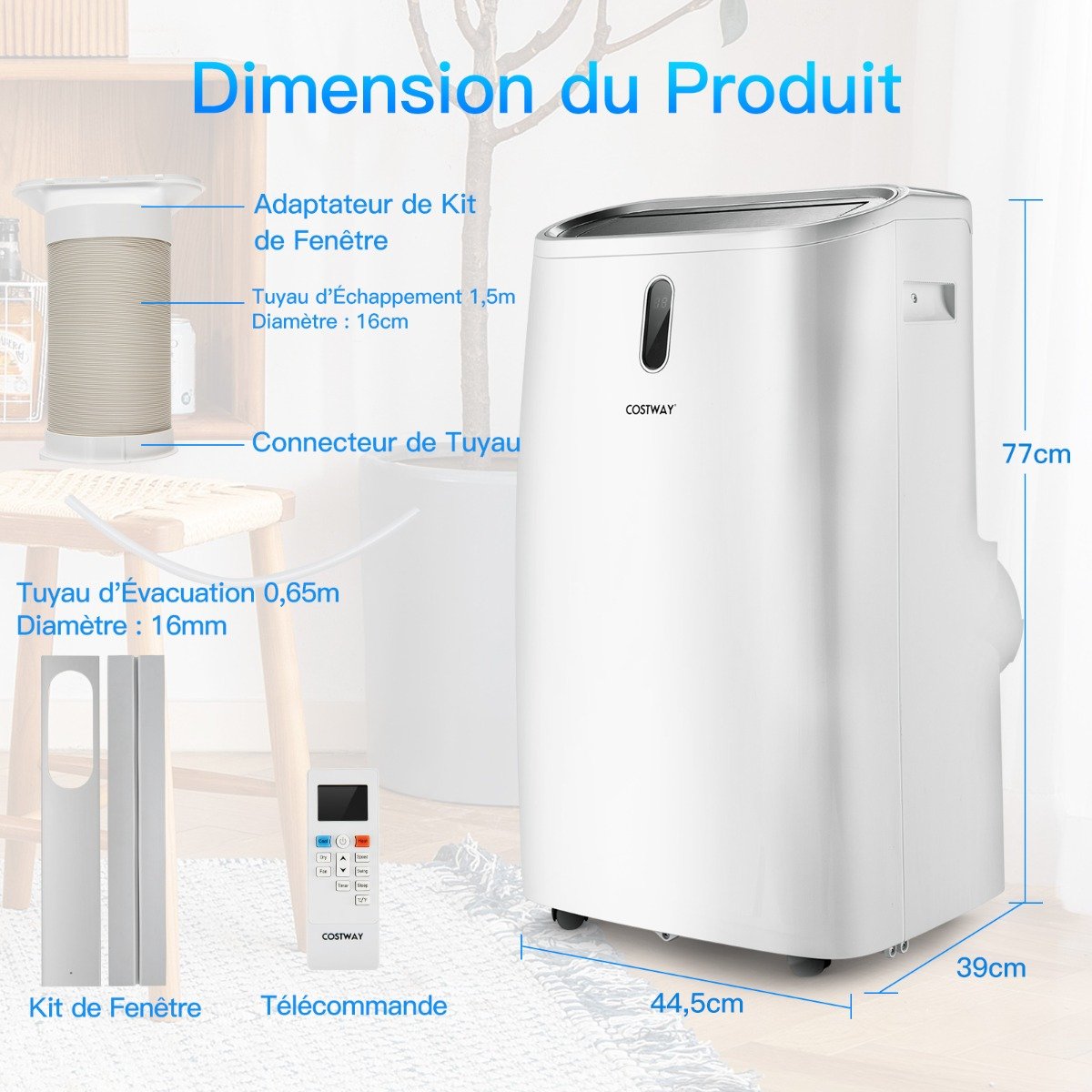 5 en 1 Climatiseur Mobile 16 à 32℃ 16000BTU R290 4 Modes Ventilateur Déshumidificateur Rafraîchisseur et Chauffage Blanc – Image 9
