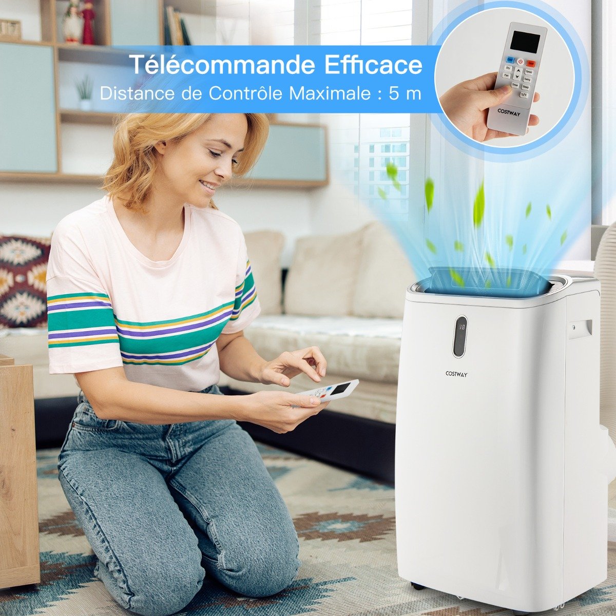 5 en 1 Climatiseur Mobile 16 à 32℃ 16000BTU R290 4 Modes Ventilateur Déshumidificateur Rafraîchisseur et Chauffage Blanc – Image 2