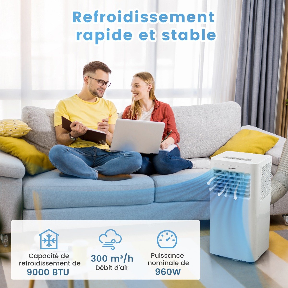 Climatiseur Mobile 4 en 1 Silencieux 9000BTU Rafraîchisseur Ventilateur Déshumidificateur 20L/Jour Mode Nuit 17 à 30℃ – Image 2