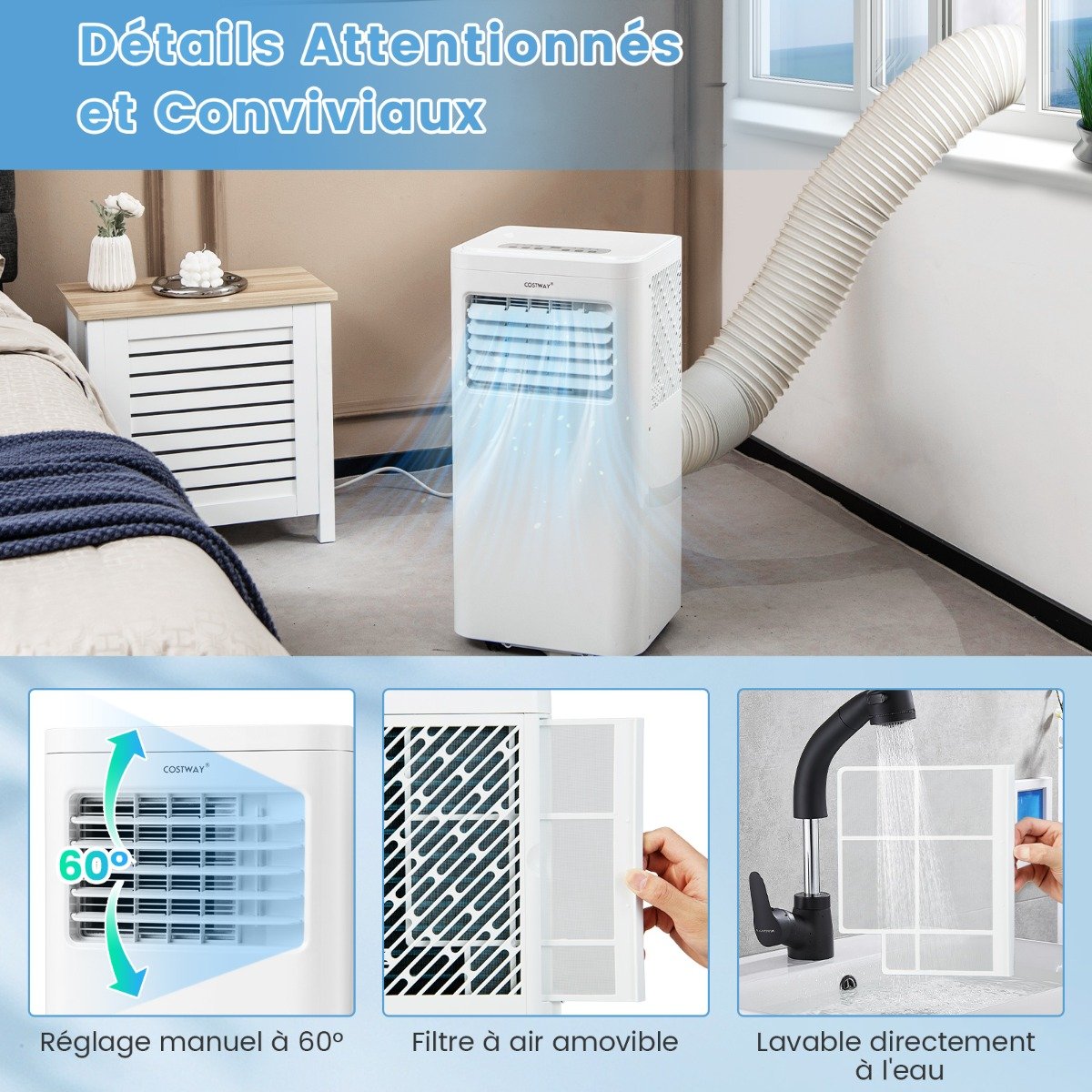 Climatiseur Mobile 4 en 1 Silencieux 9000BTU Rafraîchisseur Ventilateur Déshumidificateur 20L/Jour Mode Nuit 17 à 30℃ – Image 6