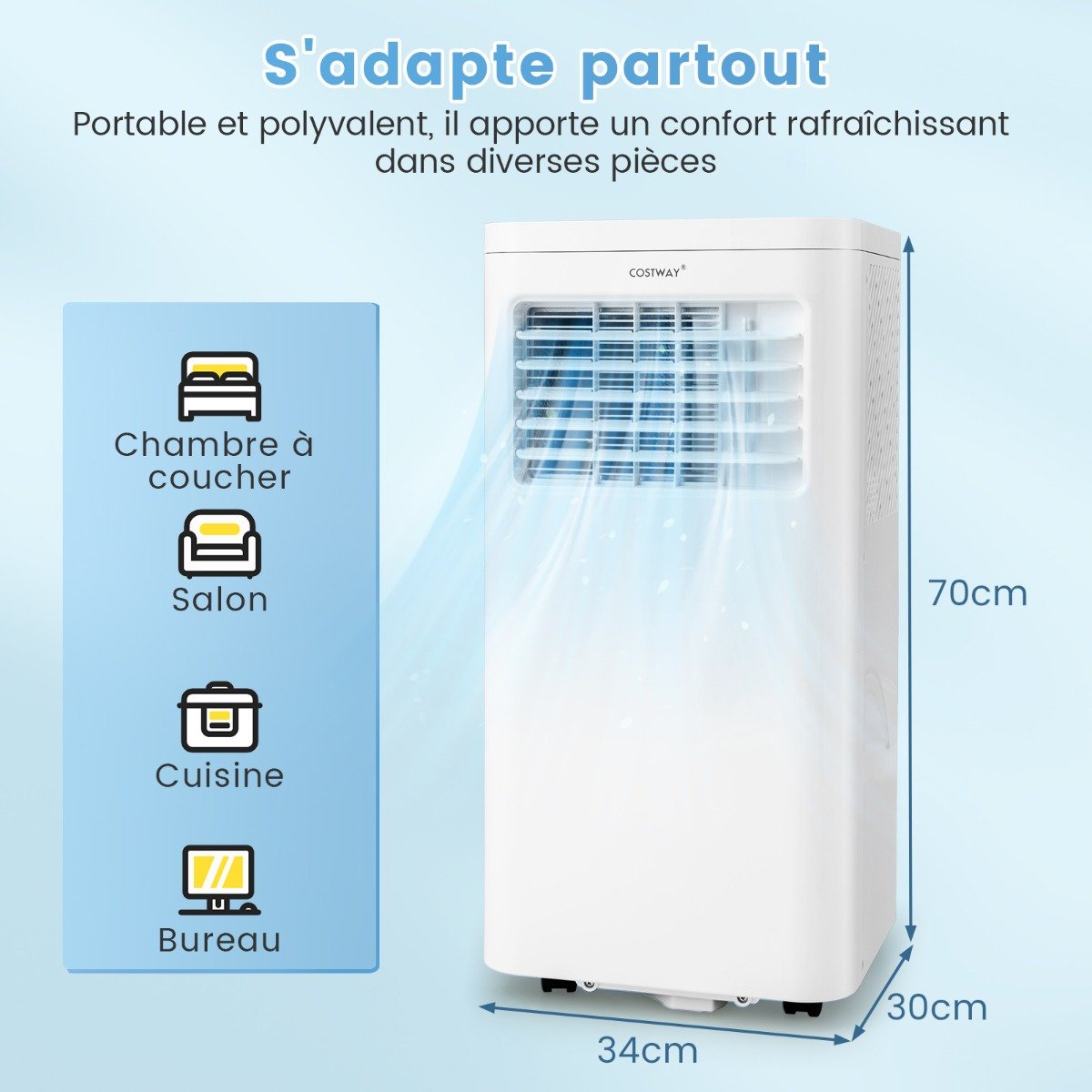 Climatiseur Mobile 4 en 1 Silencieux 9000BTU Rafraîchisseur Ventilateur Déshumidificateur 20L/Jour Mode Nuit 17 à 30℃ – Image 10