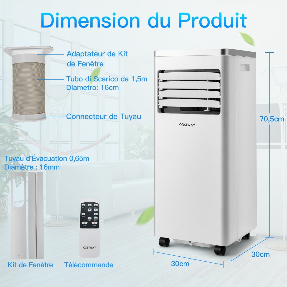 4 en 1 Climatiseur Mobile 7000BTU 2 Vitesses de Ventilateur Mode Veille Minuterie 24h Verrouillage Enfant Affichage LED 25㎡ – Image 10