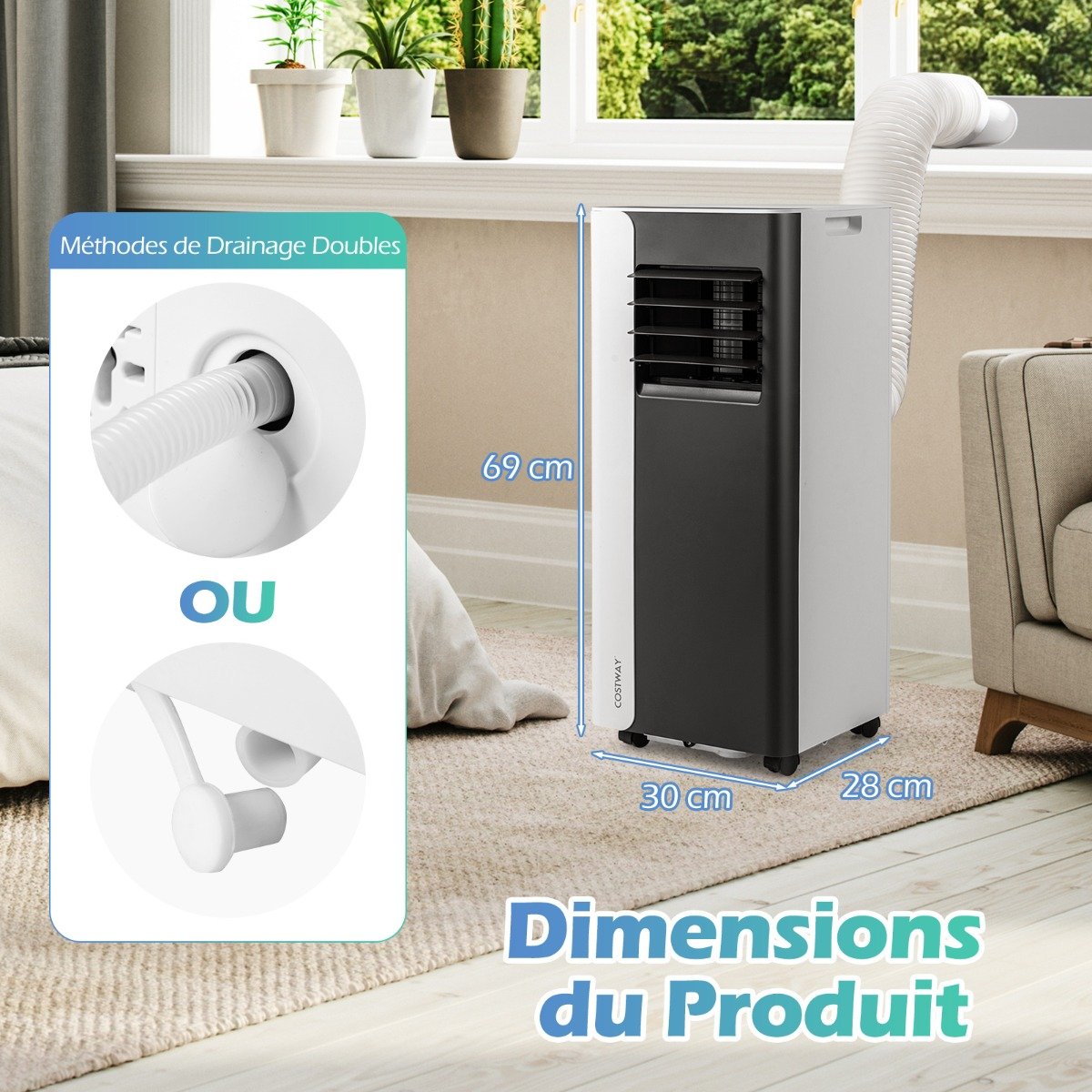 Climatiseur Portatif 7000 BTU Refroidissement 3 en 1 avec Ventilateur & Déshumidificateur pour Pièces jusqu'à 28㎡ Silencieuse Noir – Image 9