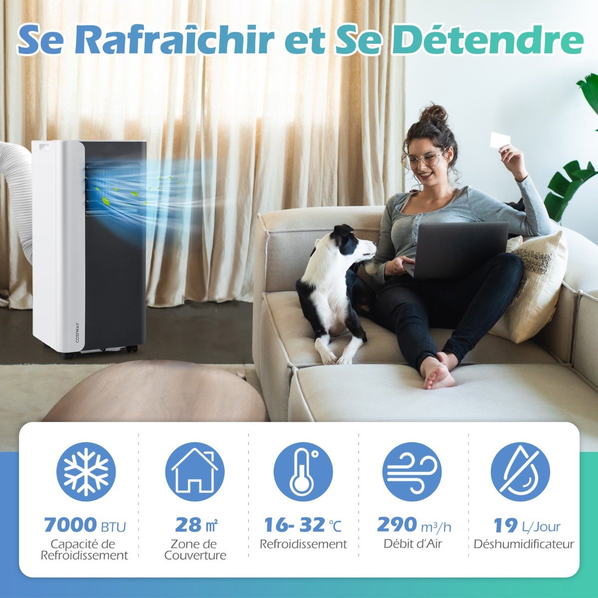 Climatiseur Portatif 7000 BTU Refroidissement 3 en 1 avec Ventilateur & Déshumidificateur pour Pièces jusqu'à 28㎡ Silencieuse Noir – Image 3