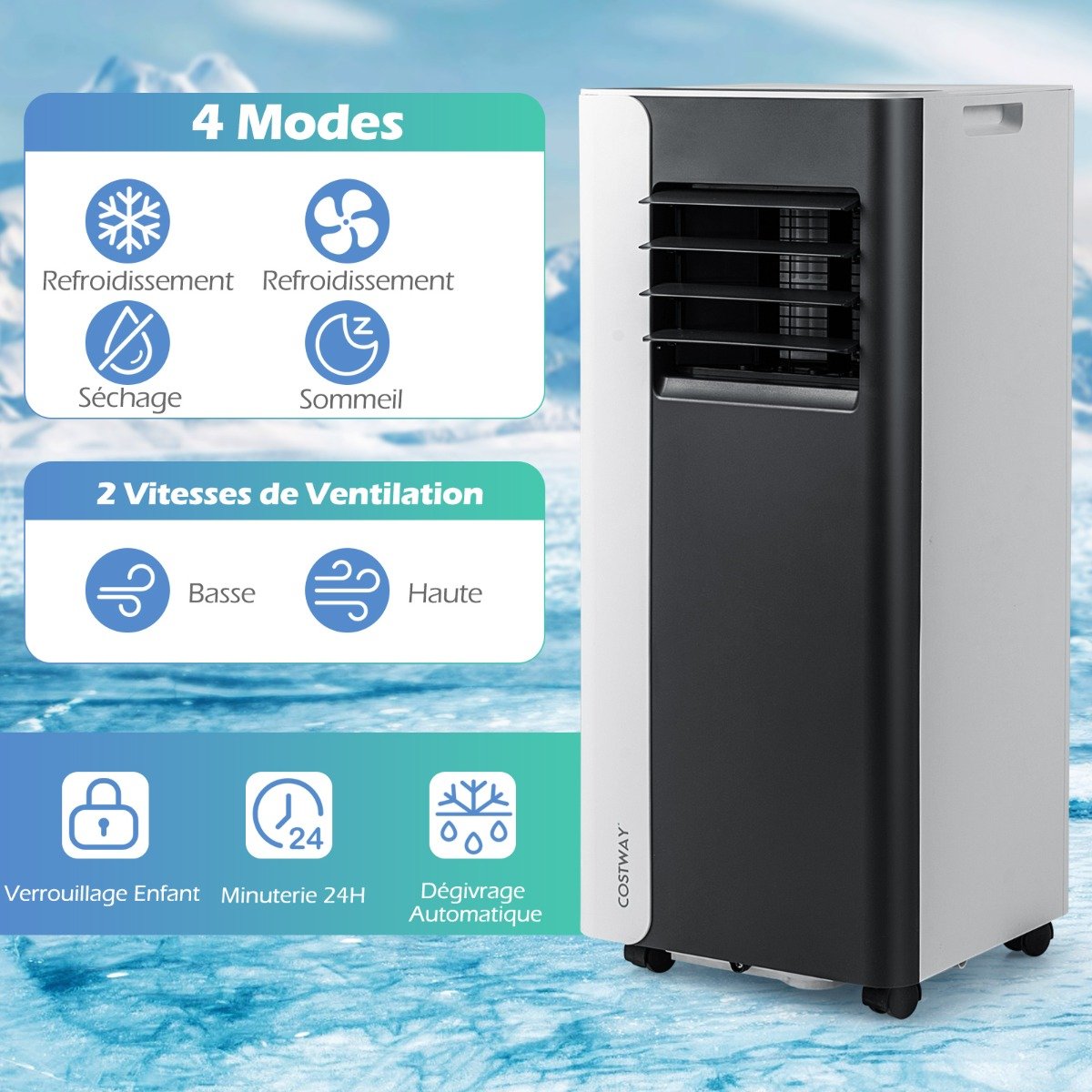 Climatiseur Portatif 7000 BTU Refroidissement 3 en 1 avec Ventilateur & Déshumidificateur pour Pièces jusqu'à 28㎡ Silencieuse Noir – Image 4