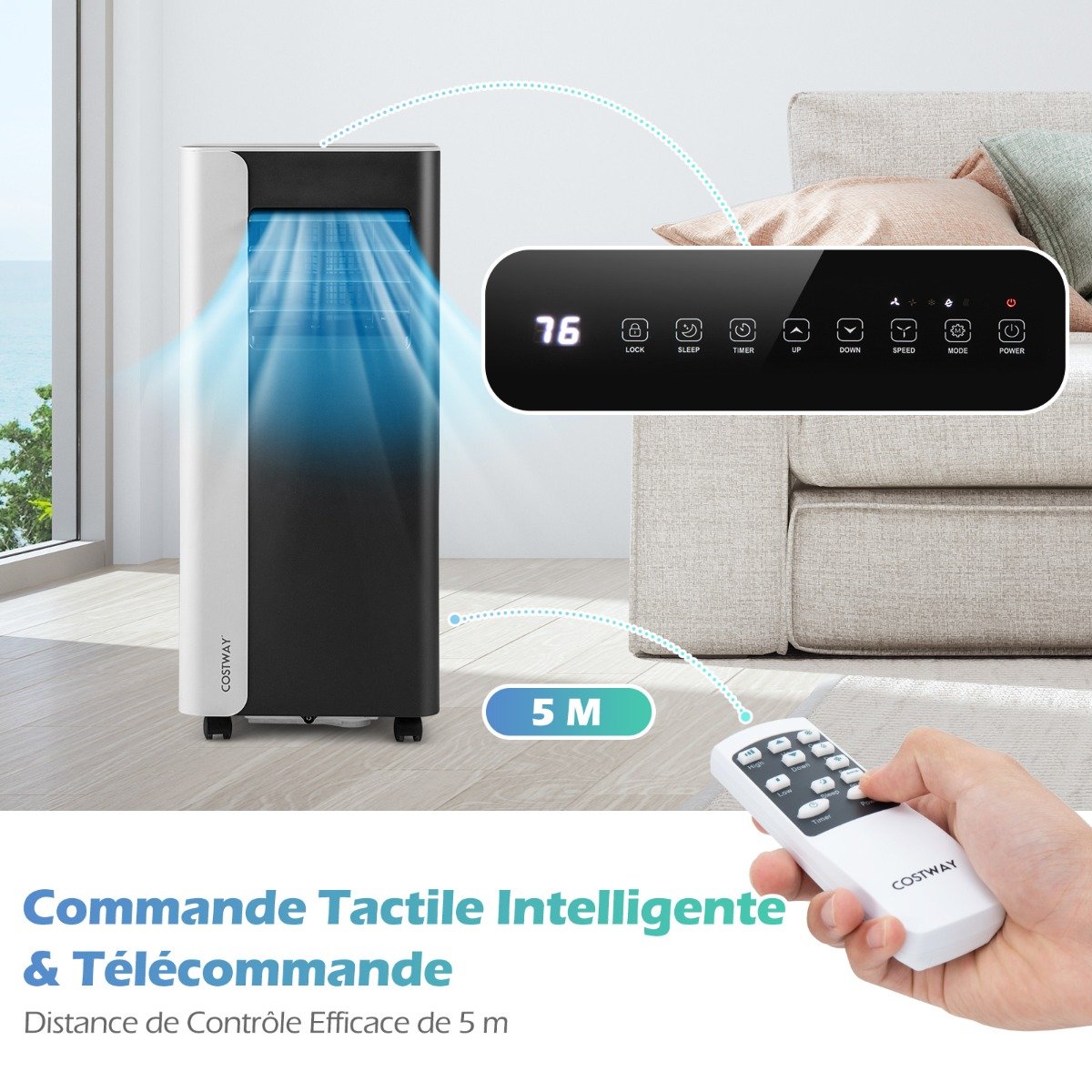 Climatiseur Portatif 7000 BTU Refroidissement 3 en 1 avec Ventilateur & Déshumidificateur pour Pièces jusqu'à 28㎡ Silencieuse Noir – Image 5