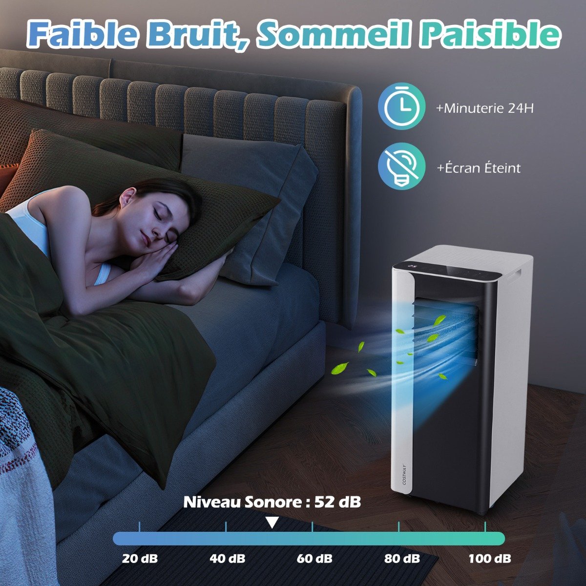 Climatiseur Portatif 7000 BTU Refroidissement 3 en 1 avec Ventilateur & Déshumidificateur pour Pièces jusqu'à 28㎡ Silencieuse Noir – Image 6