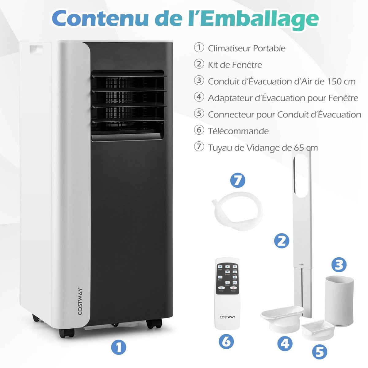 Climatiseur Portatif 7000 BTU Refroidissement 3 en 1 avec Ventilateur & Déshumidificateur pour Pièces jusqu'à 28㎡ Silencieuse Noir – Image 8