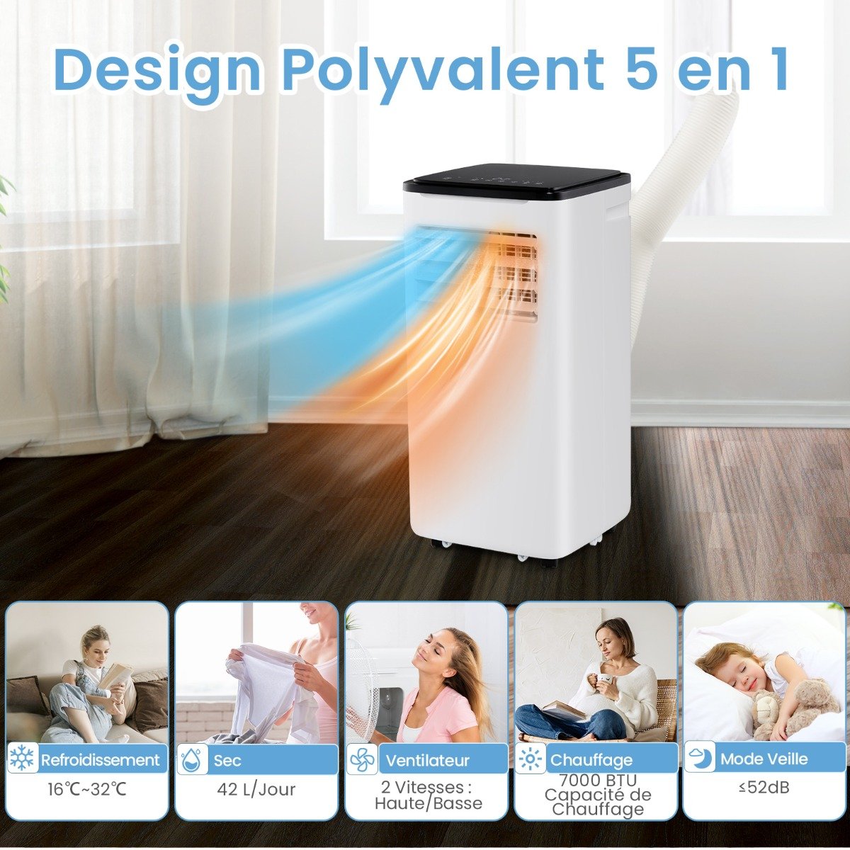 Climatiseur Portable 9000BTU Unité 4 en 1 avec Refroidissement Ventilateur Chauffage et Déshumidificateur Compatible Wi-Fi Blanc – Image 8