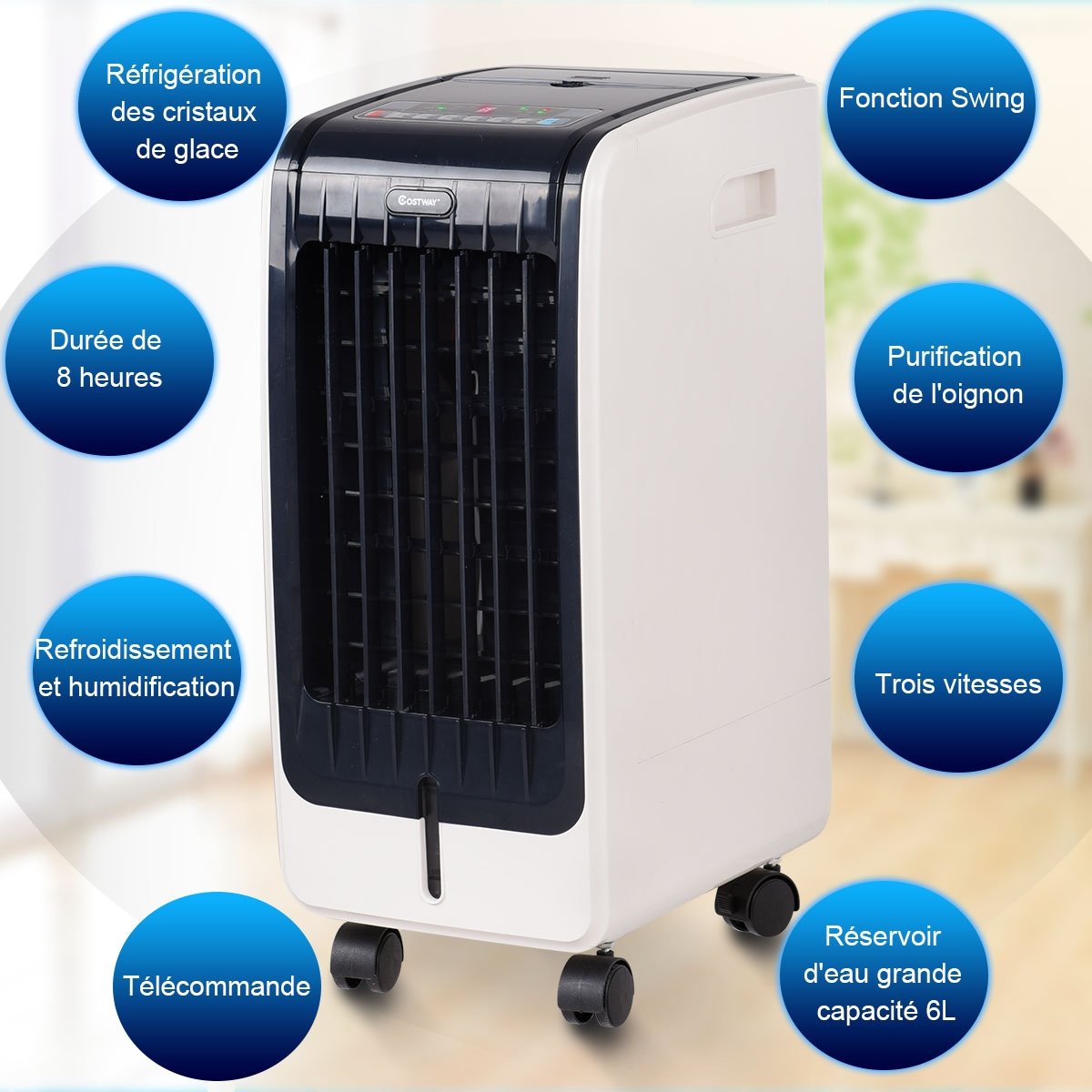Refroidisseur d’Air 75W Portable avec Télécommande Ecran LCD 3 Vitesses Minuterie 8h Réservoir d'Eau 6L 32x25x57cm – Image 8