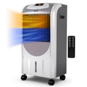 Rafraîchisseur d'Air avec Chauffage avec Télécommande 3 Vitesses Variables Minuterie 8H-Réservoir d'Eau 7L et 2 Conteneurs de Glace Gris
