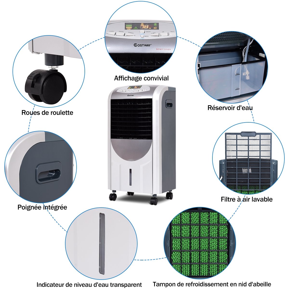 Rafraîchisseur d'Air avec Chauffage avec Télécommande 3 Vitesses Variables Minuterie 8H Réservoir d'eau 7L et 2 Conteneurs de Glace – Image 10