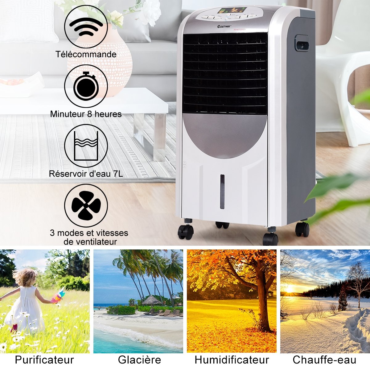 Rafraîchisseur d'Air avec Chauffage avec Télécommande 3 Vitesses Variables Minuterie 8H Réservoir d'eau 7L et 2 Conteneurs de Glace – Image 9