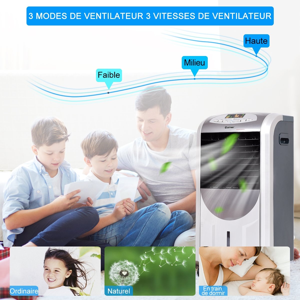 Rafraîchisseur d'Air avec Chauffage avec Télécommande 3 Vitesses Variables Minuterie 8H Réservoir d'eau 7L et 2 Conteneurs de Glace – Image 8