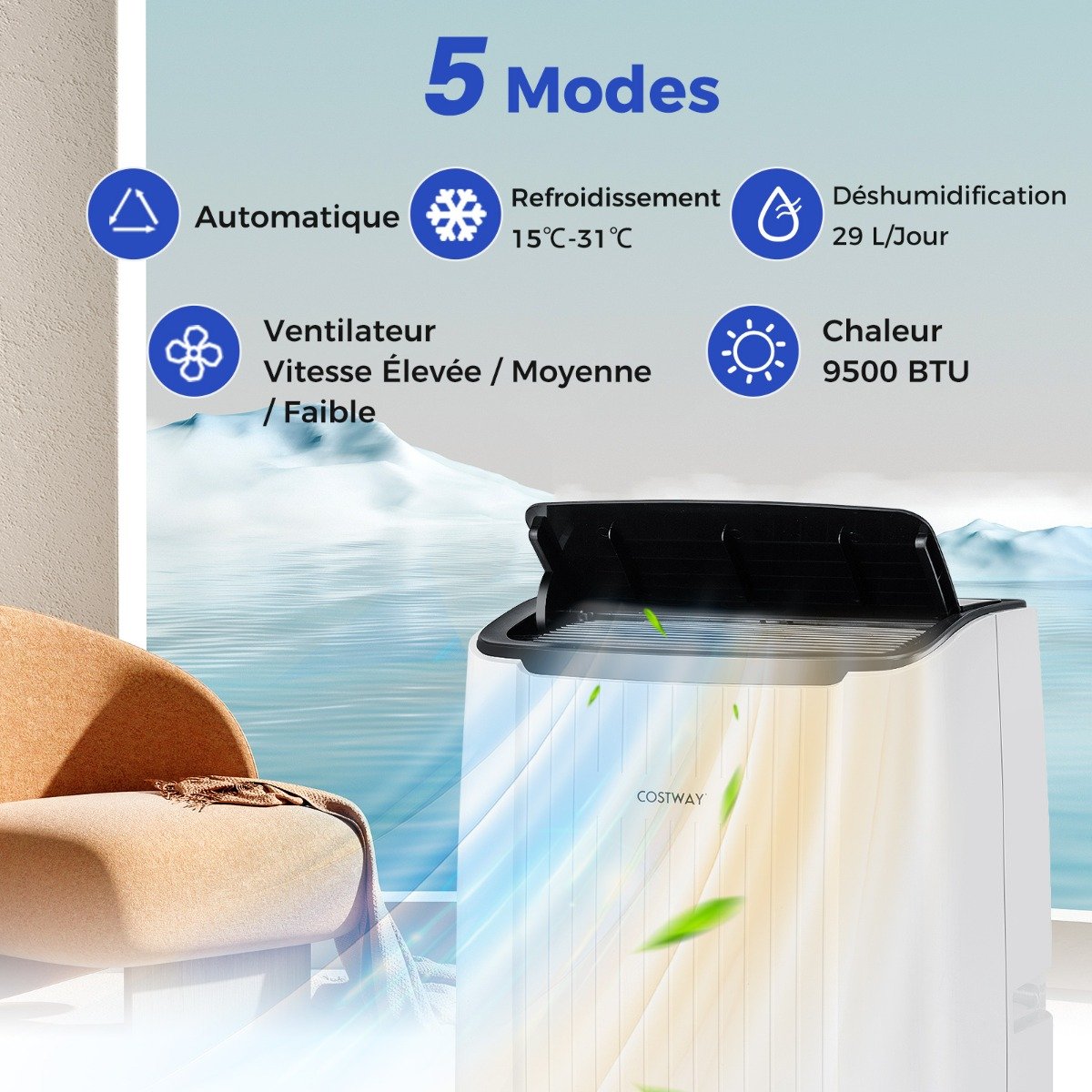 Climatiseur Mobile 12000 BTU 4 en 1 Refroidissement Chauffage Ventilateur Déshumidificateur Minuterie 24H pour jusqu'à 42m² – Image 9